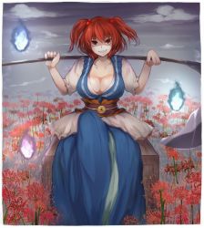 Rule 34 | 1girl, breasts, cleavage, collarbone, hair bobbles, hair ornament, highres, large breasts, looking at viewer, onozuka komachi, red eyes, red hair, short hair, short sleeves, short twintails, sitting, solo, touhou, twintails, two side up, will-o&#039;-the-wisp (mythology), yonaga san