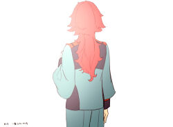 Rule 34 | 1girl, asticassia school uniform, commentary request, from behind, green jacket, green shorts, gundam, gundam suisei no majo, jacket, long hair, long sleeves, red hair, school uniform, shorts, simple background, solo, suletta mercury, vt104k, white background