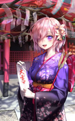 Rule 34 | 1girl, :d, absurdres, arrow (projectile), bad id, bad pixiv id, bare tree, blush, breasts, cherry blossom print, commentary request, cowboy shot, ema, eye reflection, fate/grand order, fate (series), floral print, flower, hair between eyes, hair flower, hair ornament, hair over one eye, hamaya, highres, holding, holding paper, japanese clothes, kimono, large breasts, long sleeves, looking at viewer, mash kyrielight, mash kyrielight (grand new year), myumyu (myu12), obi, official alternate costume, omikuji, open mouth, paper, pink hair, print kimono, purple eyes, purple kimono, reflection, sash, shadow, shide, short hair, shrine, smile, solo, standing, teeth, translation request, tree, tree shade, upper teeth only, wide sleeves