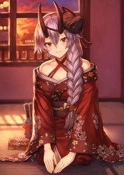 Rule 34 | 1girl, backlighting, bare shoulders, blush, braid, breasts, cleavage, closed mouth, commentary request, fate/grand order, fate (series), floral print, fox mask, hair between eyes, hair ornament, highres, horns, jack-o&#039;-lantern, jack-o&#039;-lantern hair ornament, japanese clothes, kimono, long hair, looking at viewer, mash kyrielight, mashuu (neko no oyashiro), mask, medium breasts, obi, off shoulder, oni horns, red eyes, red kimono, sash, seiza, silver hair, single braid, sitting, smile, solo, sunset, tomoe gozen (fate), tomoe gozen (merely red) (fate), wide sleeves, window