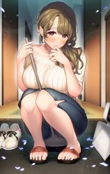 Rule 34 | 1girl, blush, breast hold, breasts, broom, collarbone, come hither, giuniu, hair over shoulder, highres, large breasts, light brown hair, long hair, looking at viewer, mature female, petals, red eyes, solo, squatting, sweater