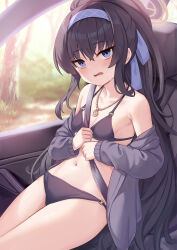 Rule 34 | 1girl, bags under eyes, bare shoulders, bikini, black bikini, black hair, blue archive, blue eyes, blush, breasts, car interior, chinese commentary, cleavage, collarbone, commentary request, grey sweater, hairband, halo, highres, jewelry, long hair, long sleeves, looking at viewer, milkshakework, navel, necklace, off shoulder, official alternate costume, open clothes, open mouth, ponytail, seatbelt, sidelocks, sitting, small breasts, solo, stomach, sweat, sweater, swimsuit, thighs, ui (blue archive), ui (swimsuit) (blue archive), very long hair