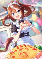 Rule 34 | 1girl, absurdres, alternate costume, animal ears, apron, artist name, balloon, black bow, black bowtie, black dress, blue eyes, blush, bow, bowtie, breasts, brown hair, cherry tomato, cleavage, detached collar, dress, enema, enmaided, fisheye, food, hands up, heart, heart hands, highres, horse ears, horse girl, horse tail, indoors, lens flare, long hair, looking at viewer, maid, maid headdress, mejiro mcqueen (umamusume), multicolored hair, omelet, omurice, open mouth, plate, ponytail, short sleeves, small breasts, smile, solo, sparkle, streaked hair, string of flags, sunny (20597521), table, tail, tokai teio (umamusume), tomato, umamusume, waist apron, wrist cuffs