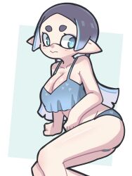 Rule 34 | 1girl, bikini, blue bikini, blue eyes, breasts, cleavage, closed mouth, hekoningyou (waraningyou), highres, inkling, inkling girl, inkling player character, large breasts, long hair, looking to the side, nintendo, pointy ears, short eyebrows, simple background, solo, splatoon (series), swimsuit, tentacle hair, thighs