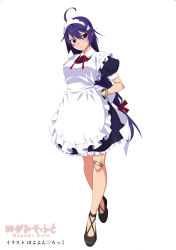 Rule 34 | 1girl, ahoge, bandaid, bandaid on knee, bandaid on leg, black footwear, blue hair, blush, company name, frown, full body, hand on own hip, highres, long hair, looking at viewer, low-tied long hair, maid, puffy short sleeves, puffy sleeves, red eyes, short sleeves, simple background, standing, very long hair, watanabe akio, white background, wristband