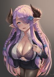 Rule 34 | 1girl, black background, black jacket, black pantyhose, black skirt, blue eyes, bra, braid, breasts, cleavage, collared shirt, commission, cowboy shot, draph, gradient background, granblue fantasy, hair ornament, hair over one eye, heart, heart-shaped pupils, highres, horns, jacket, large breasts, long hair, long sleeves, looking at viewer, mad kimo, narmaya (granblue fantasy), navel, one eye covered, open clothes, pantyhose, parted lips, pointy ears, purple bra, purple hair, shirt, signature, simple background, skirt, smile, solo, symbol-shaped pupils, twin braids, underwear, white shirt