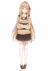 Rule 34 | 1girl, blush, book, braid, brown eyes, brown hair, collarbone, commentary, dangmill, full body, hair ornament, holding, leaf, leaf print, loafers, long hair, long sleeves, looking at viewer, maple leaf, maple leaf print, official art, onsen musume, pleated skirt, sakunami nichika, school uniform, shoes, simple background, skirt, smile, solo, standing, sweater, thighhighs, white background, white thighhighs, zettai ryouiki