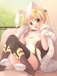 Rule 34 | 1girl, :d, black thighhighs, blonde hair, blush, emurin, high wizard (ragnarok online), holding, long hair, looking at viewer, open mouth, ragnarok online, sitting, smile, solo, thighhighs, twintails