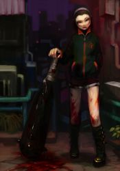Rule 34 | 1girl, blood, blood on clothes, blood on face, boots, city, cityscape, club (weapon), delinquent, female focus, hairband, hand in pocket, oguchi, open mouth, original, short shorts, shorts, solo, track suit, weapon