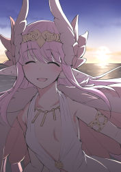 Rule 34 | 1girl, :d, armlet, blue sky, blush, breasts, breasts apart, circe (fate), circlet, dress, facing viewer, fate/grand order, fate (series), gradient sky, head wings, horizon, jewelry, long hair, namonashi, necklace, open mouth, outdoors, pink hair, pointy ears, sky, small breasts, smile, solo, sunset, upper body, white dress, wings