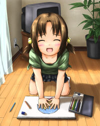 Rule 34 | 1girl, :d, ^ ^, beidan, blush, brown hair, child&#039;s drawing, closed eyes, color pencil, colored pencil, downblouse, drawing, hair bobbles, hair ornament, kneeling, open mouth, original, pencil, plant, potted plant, short twintails, skirt, smile, solo, television, twintails, wooden floor