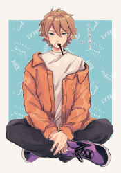 Rule 34 | 1boy, arrow (symbol), baccalaoooo, black pants, blue eyes, brown hair, closed mouth, english text, food, food on face, full body, highres, hyuse, jacket, long sleeves, looking at viewer, male focus, mouth hold, off shoulder, orange jacket, outline, outside border, own hands together, pants, purple footwear, shirt, shoes, short hair, sneakers, solo, spoon, t-shirt, utensil in mouth, white outline, white shirt, world trigger