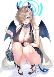 Rule 34 | 1girl, asuna (blue archive), bare shoulders, bead bracelet, beads, black nails, blue archive, blue eyes, blush, bow, bowtie, bracelet, breasts, cismlyri, cleavage, cross, demon girl, demon horns, demon tail, demon wings, detached collar, dress, hair over one eye, high heels, highres, horns, jewelry, large breasts, light brown hair, long hair, looking at viewer, mole, mole on breast, nail polish, panties, pantyshot, parted lips, red lips, simple background, solo, swept bangs, tail, thighs, twitter username, underwear, very long hair, wings, wrist bow