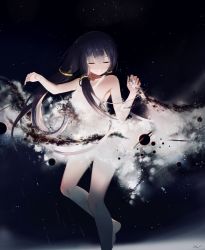 Rule 34 | 1girl, absurdres, arm up, armpits, bare arms, bare legs, bare shoulders, barefoot, black hair, closed eyes, closed mouth, commentary request, dark background, dress, facing viewer, hand up, highres, leg up, leiq, long hair, low-tied long hair, planet, saturn (planet), signature, skirt hold, sleeveless, sleeveless dress, smile, solo, sparkle, vocaloid, vocanese, white dress, xingchen