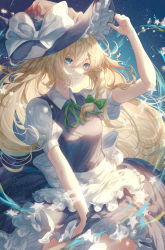 Rule 34 | 1girl, absurdres, apron, blonde hair, blue eyes, bow, braid, closed mouth, dress, expressionless, frilled apron, frills, green bow, hair between eyes, hair bow, hand on headwear, hat, highres, holding, holding clothes, holding hat, kirisame marisa, long hair, looking at viewer, night, night sky, short sleeves, sky, solo, star (symbol), toku kekakewanko, touhou, very long hair, white bow, witch hat