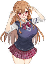 Rule 34 | 1girl, absurdres, blue nails, blush, bow, breasts, brown hair, cardigan vest, choco tanuki, collared shirt, cowboy shot, double w, dress shirt, furen e lustario, glasses, hair between eyes, hair ornament, hairclip, highres, large breasts, long hair, long sleeves, looking at viewer, miniskirt, multicolored nails, nail polish, nijisanji, open mouth, plaid, plaid skirt, pleated skirt, red-framed eyewear, red bow, red eyes, red nails, red skirt, shirt, simple background, skirt, sleeves rolled up, smile, solo, very long hair, virtual youtuber, w, white background, white shirt