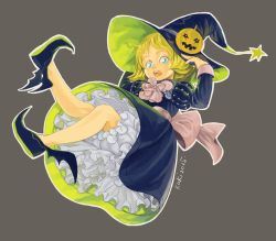 Rule 34 | 1girl, 2015, black dress, black footwear, blonde hair, bloomers, blue eyes, dress, eyelashes, full body, grey background, gundam, hat, hat ornament, jack-o&#039;-lantern, kaki2015, long sleeves, looking at viewer, mobile suit gundam, mobile suit gundam the origin, no socks, open mouth, petticoat, pointy footwear, round teeth, sash, sayla mass, shoes, short hair, signature, simple background, solo, teeth, underwear, upskirt, winged footwear, wings, witch, witch hat, aged down