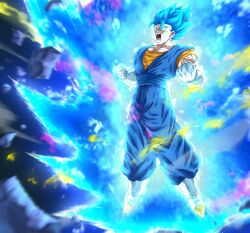 Rule 34 | 1boy, absurdres, aura, blue eyes, blue hair, boots, clenched hands, commentary request, dragon ball, dragon ball super, earrings, floating, full body, furrowed brow, gloves, highres, jewelry, male focus, motion blur, muscular, muscular male, open mouth, papita pochi, potara earrings, solo, super saiyan, super saiyan blue, vegetto, white footwear, white gloves