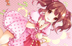 Rule 34 | 10s, 1girl, :d, bad id, bad pixiv id, brown eyes, brown hair, candy, candy cane, clenched hands, dress, food, frilled dress, frills, hair ribbon, idolmaster, idolmaster cinderella girls, ogata chieri, open mouth, polka dot, polka dot background, polka dot dress, ribbon, short twintails, smile, twintails, wrist cuffs
