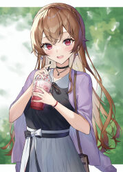 Rule 34 | 1girl, :d, absurdres, bare shoulders, black choker, black ribbon, black shirt, blush, braid, brown hair, choker, crown braid, cup, day, disposable cup, earrings, furen e lustario, highres, holding, holding cup, jewelry, long hair, looking at viewer, myske (myst34415756), necklace, nijisanji, open mouth, outdoors, pink eyes, ribbon, shirt, skirt, smile, solo, very long hair, virtual youtuber, white skirt, wide sleeves, wristband