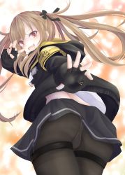 Rule 34 | 1girl, absurdres, artist request, ass, blush, brown hair, cameltoe, coat, fang, fingerless gloves, from behind, from below, girls&#039; frontline, gloves, hair ribbon, highres, long hair, looking at viewer, looking back, looking down, open mouth, orange eyes, panties, panties under pantyhose, pantyhose, ribbon, skin fang, skirt, smile, solo, twintails, ump9 (girls&#039; frontline), underwear, upskirt, very long hair