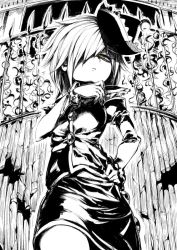 Rule 34 | 1girl, :&lt;, bad id, bad pixiv id, crescent, fence, greyscale, hand on own hip, harusame (unmei no ikasumi), hat, long sleeves, lunasa prismriver, monochrome, shirt, short hair, skirt, solo, touhou, wall, yellow eyes