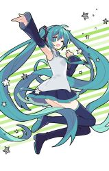 Rule 34 | 1girl, ;d, aqua eyes, aqua hair, aqua nails, aqua necktie, arm up, armpits, black footwear, black skirt, black sleeves, boots, breasts, detached sleeves, floating hair, from side, full body, hatsune miku, headphones, long hair, long sleeves, looking at viewer, miniskirt, nail polish, necktie, one eye closed, open mouth, outstretched arm, pleated skirt, shirt, skirt, sleeveless, sleeveless shirt, small breasts, smile, solo, thigh boots, thighhighs, twintails, very long hair, vocaloid, white shirt, yoshiki, zettai ryouiki