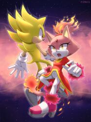 Rule 34 | 1boy, 1girl, absurdres, artist name, blaze the cat, burning blaze, carue32, furry, furry female, furry male, gloves, high heels, highres, jacket, open mouth, pants, red jacket, shoes, sonic (series), sonic rush, sonic the hedgehog, space, super sonic, watermark, white gloves, white pants