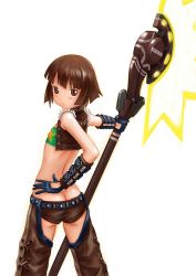 Rule 34 | 1girl, animal ears, ass, axe, back, bandeau, blunt bangs, bob cut, bracer, brown eyes, brown hair, chaps, cowboy western, crop top, cropped jacket, denjuu, energy weapon, expressionless, flat chest, from behind, gloves, hand on own hip, looking at viewer, looking back, midriff, no headwear, phantasy star, phantasy star universe, short hair, short shorts, shorts, simple background, sleeveless, solo, staff, strapless, torn clothes, torn sleeves, tube top, vambraces, vest, weapon, white background