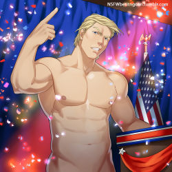 Rule 34 | &#039;murica, 1boy, 2016, abs, american flag, arm up, bara, belly, bird, blonde hair, blue background, blue eyes, blue theme, clenched teeth, confetti, donald trump, eagle, lights, male focus, muscular, navel, nipples, nsfwbetitngoan, nude, old, old man, pectorals, pointing, pointing up, politician, politics, real life, smile, smug, solo, stage lights, standing, teeth, united states, upper body