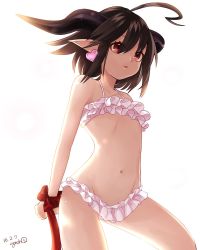 Rule 34 | 1girl, ahoge, arms behind back, artist name, bad id, bad twitter id, bdsm, bikini, bondage, borrowed design, bound, bound wrists, brown hair, commentary request, dated, demon girl, earrings, flat chest, frilled bikini, frills, gotou (nekocat), heart, heart earrings, highres, horns, jewelry, navel, original, pink bikini, pointy ears, red eyes, red ribbon, ribbon, simple background, solo, stomach, swimsuit, white background