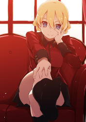 Rule 34 | 1girl, backlighting, bad id, bad twitter id, black skirt, black socks, blonde hair, blue eyes, braid, closed mouth, commentary request, couch, crossed legs, darjeeling (girls und panzer), epaulettes, foot focus, foreshortening, girls und panzer, hand on own face, hand on own knee, highres, indoors, insignia, jacket, light particles, long sleeves, looking at viewer, military, military uniform, miniskirt, on couch, pleated skirt, red jacket, shikei, short hair, sitting, skirt, smile, socks, solo, st. gloriana&#039;s military uniform, twin braids, uniform, window