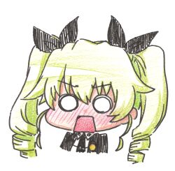 Rule 34 | 1girl, anchovy (girls und panzer), anzio school uniform, black cape, black ribbon, blank eyes, cape, chibi, disgust, drill hair, female focus, girls und panzer, green hair, grin, hair ribbon, hanya (hanya yashiki), highres, long hair, ribbon, school uniform, shiny skin, simple background, smile, solo, traditional media, twin drills, twintails, upper body, very long hair, white background