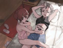 Rule 34 | 2girls, alisa (girls und panzer), arms up, bed, black shirt, blue shorts, body writing, brown eyes, brown hair, cellphone, cellphone strap, clothes lift, commentary, day, freckles, frown, girls und panzer, half-closed eyes, holding, holding marker, holding phone, indoors, knee up, lying, marker, mouth hold, multiple girls, naomi (girls und panzer), navel, on back, on bed, open mouth, panties, phone, pink panties, pink shirt, sandals, shirt, shirt lift, short hair, short twintails, shorts, sitting, sleepwear, star ornament, tama launcher, tank top, twintails, underwear, very short hair, writing, yuri