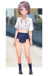 1girl absurdres barefoot black_hair black_socks blue_eyes blue_fundoshi commentary_request covered_navel day full_body fundoshi happi highres japanese_clothes original outdoors shirt short_hair sky socks solo standing tabi takafumi tan tied_shirt white_happi