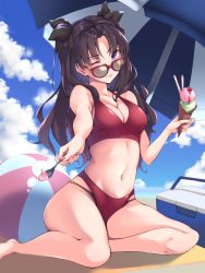 Rule 34 | 1girl, ball, beach, beach umbrella, beachball, bikini, black hair, black mutou, black ribbon, blue eyes, blue sky, breasts, cleavage, closed mouth, cloud, commentary request, cooler, double bikini, double scoop, fate/stay night, fate (series), fingernails, food, hair ribbon, halterneck, highleg, highleg bikini, highres, holding, holding food, holding spoon, ice cream, ice cream cone, incoming food, lips, lipstick, long hair, makeup, medium breasts, mismatched bikini, nail polish, navel, one eye closed, pink nails, red bikini, ribbon, shadow, sharing food, sitting, skindentation, sky, smile, solo, spoon, stomach, sunglasses, swimsuit, thick thighs, thighs, tohsaka rin, twintails, two side up, umbrella, under umbrella, yokozuwari