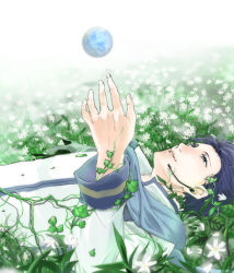 Rule 34 | 1boy, bad id, bad pixiv id, blue eyes, blue hair, field, flower, flower field, grass, headset, kaito (vocaloid), lying, male focus, matching hair/eyes, on back, planet, scarf, solo, tamago kakeouji, vocaloid, water