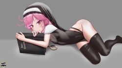 Rule 34 | 1girl, ass, bible (object), black bow, black thighhighs, blush, book, bow, breasts, closed mouth, eien project, eyebrows, eyelashes, female focus, full body, grey background, hermitatnight, highres, holding, holding book, kiki lockheart, looking at viewer, lying, nun, on side, pink eyes, pink hair, simple background, small breasts, solo, thighhighs, virtual youtuber