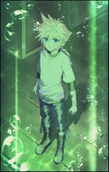 Rule 34 | 1boy, aged down, arms at sides, bandage on face, bandages, bandaid, bandaid on arm, black shirt, blonde hair, blue eyes, boots, brick floor, bubble, child, cloud strife, crack, cracked floor, final fantasy, final fantasy vii, final fantasy vii remake, full body, hair between eyes, highres, layered shirt, layered sleeves, looking at viewer, low ponytail, male focus, medium hair, nibelheim, shi3ashi3a, shirt, shorts, solo, spiked hair, square enix, standing, t-shirt, white shirt