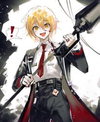 Rule 34 | !, 1girl, :d, black coat, black pants, blonde hair, blood, blood on clothes, blood on face, blood on hands, coat, collared shirt, don quixote (project moon), high-waist pants, highres, holding, holding polearm, holding weapon, lance, limbus company, long sleeves, necktie, open mouth, pants, polearm, project moon, red necktie, remsrar, shirt, shirt tucked in, short hair, smile, solo, speech bubble, spoken exclamation mark, sticker, two-sided coat, two-sided fabric, weapon, white shirt, yellow eyes