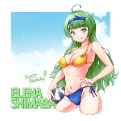 Rule 34 | 1girl, 2022 fifa world cup, :q, ahoge, ball, bikini, blue bikini, blue ribbon, blue sky, breasts, busan no hamaguchi, character name, closed mouth, cloud, cloudy sky, commentary, cowboy shot, cropped legs, day, english text, green hair, hair ribbon, halterneck, hand on own hip, happy birthday, heart, highres, holding, holding ball, idolmaster, idolmaster million live!, licking lips, long hair, looking at viewer, medium breasts, mismatched bikini, navel, outdoors, outside border, ribbon, shimabara elena, side-tie bikini bottom, sky, smile, soccer ball, solo, standing, swimsuit, tongue, tongue out, world cup, yellow bikini