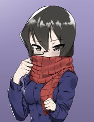 Rule 34 | 10s, 1girl, black-framed eyewear, black eyes, black hair, blue background, blue coat, coat, commentary, covered mouth, fankupl, girls und panzer, gradient background, highres, kawashima momo, looking at viewer, monocle, red scarf, scarf, semi-rimless eyewear, short hair, solo, standing, under-rim eyewear, upper body, winter clothes