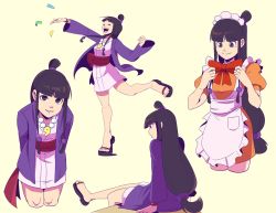 Rule 34 | 1girl, :d, ace attorney, apron, black hair, blunt bangs, bow, clenched hand, closed eyes, closed mouth, commentary, confetti, dress, english commentary, green eyes, hair bun, hair tie, highres, holding, holding bow (ornament), jewelry, knees, leg up, long hair, long sleeves, looking at viewer, lynyster, maid headdress, maya fey, multiple views, necklace, open mouth, orange dress, pink dress, red bow, sash, short sleeves, single hair bun, sitting, smile, standing, standing on one leg, teeth, toes, tongue, |d