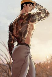 Rule 34 | 1boy, ass, back, back tattoo, bad id, bad twitter id, bara, beanie, biceps, black eyes, black hair, closed mouth, day, hat, highres, male focus, muscular, muscular male, nanbong, original, outdoors, pants, short hair, smile, solo, tattoo, thighs, white pants