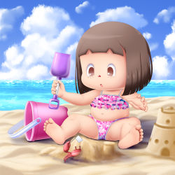 Rule 34 | 1girl, :o, alcyone (cyclone gx), animal crossing, bare arms, bare legs, bare shoulders, barefoot, beach, belly, blue sky, bucket, child, cloud, crab, feet, flag, flat chest, full body, heart bikini, highres, holding, holding shovel, nintendo, outdoors, sand, shovel, sitting, sky, soles, solo, spread legs, toddler, toes, villager (doututsu no mori), water, white flag