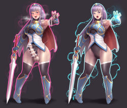 Rule 34 | 1girl, aura, bekobeko, blush, boots, breasts, cape, censored, coat, cum on hand, detached sleeves, futanari, futanari, gloves, heavy breathing, highres, large breasts, leotard, purple hair, solo, sword, testicles, thick thighs, thighhighs, thighs, tiara, tongue, tongue out, weapon