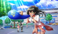 :i akino_komugi balloon baseball_cap baseball_stadium baseball_uniform black_hair blue_shorts cinderella_series clothes_around_waist cloud film_grain flag game_cg green_eyes hachigatsu_no_cinderella_nine hair_ornament hair_scrunchie hat high_ponytail highres holding holding_balloon jacket jacket_around_waist light_particles light_rays long_hair multiple_boys multiple_girls non-web_source official_art one_eye_closed parking_lot pink_jacket pink_scrunchie scrunchie shirt short_sleeves shorts sky solo_focus sparkle sportswear squirrel sunbeam sunlight tree v-shaped_eyebrows white_shirt