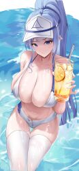 Rule 34 | 1girl, absurdres, bikini, blue eyes, blue hair, breasts, cleavage, commission, copyright request, crossed legs, cup, drinking glass, drinking straw, food, fruit, high ponytail, highres, holding, holding cup, korean commentary, large breasts, lemon, lemon slice, lemonade, long eyebrows, looking at viewer, navel, nevin (flyskying), ponytail, short shorts, shorts, solo, stomach, swimsuit, thighhighs, thighs, water, wet, wet clothes, wet legwear