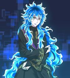 Rule 34 | 1boy, black coat, blue background, blue hair, blue lips, bridal gauntlets, closed mouth, coat, commentary request, cowboy shot, embroidery, expressionless, eyeliner, hair between eyes, idia shroud, long hair, long sleeves, looking at viewer, makeup, male focus, natsuya (kuttuki), sidelocks, solo, twisted wonderland, yellow eyes