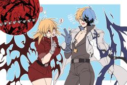 Rule 34 | 1boy, 1girl, blonde hair, breasts, closed eyes, coat, cross, cross necklace, crossover, dong hole, double-parted bangs, energy wings, fang, gloves, guilty gear, guilty gear strive, hair between eyes, hellsing, highres, jewelry, ky kiske, large breasts, necklace, red eyes, seras victoria, simple background, two-tone background, uniform, wings